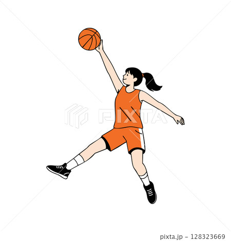 Female basketball player jumping and dunking ball in orange uniform vector illustration 128323669