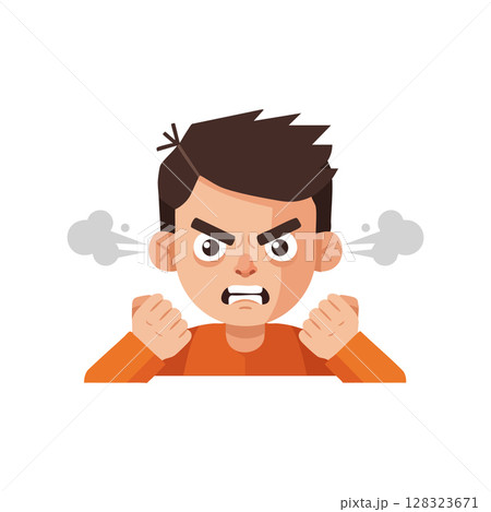 Angry young man cartoon character with clenched fists and steam from ears vector illustration Angry young man cartoon character with clenched fists and steam from ears vector illustration 128323671