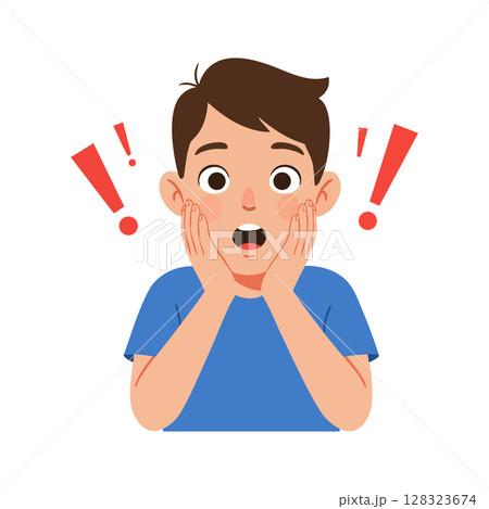 Surprised boy with blue shirt and exclamation marks cartoon vector illustration 128323674
