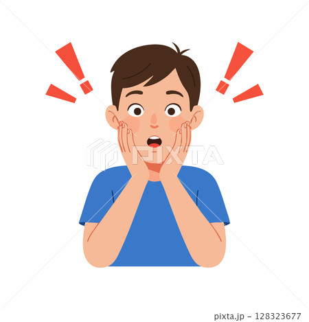 Surprised young boy with open mouth and hands on cheeks vector illustration in blue shirt 128323677