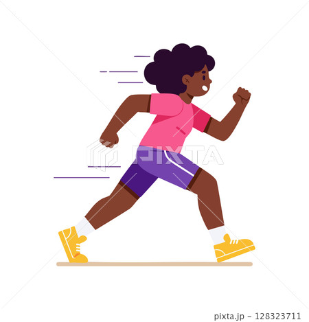 Young woman running fast in pink shirt and purple shorts athletic movement illustration Young woman running fast in pink shirt and purple shorts athletic movement illustration 128323711