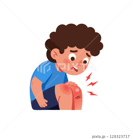 Child with injured knee showing pain and redness vector illustration 128323717