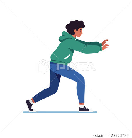 Young man stretching exercise in green hoodie and blue pants vector illustration Young man stretching exercise in green hoodie and blue pants vector illustration 128323725