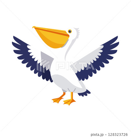 Pelican bird with yellow beak and blue wings spreading wings vector illustration 128323726