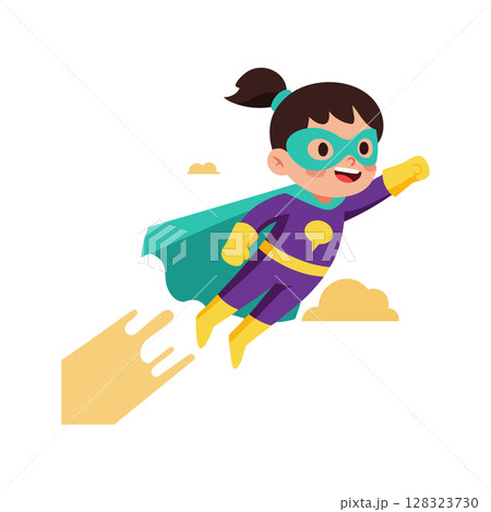 Girl Superhero Flying in Purple Costume with Green Cape and Yellow Gloves Vector Illustration 128323730