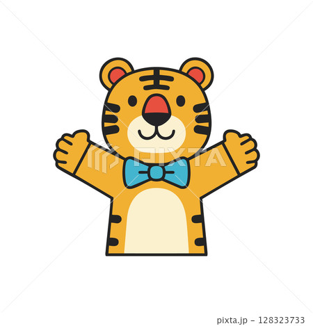 Cute tiger with blue bow tie cartoon character vector illustration for children and wildlife themes Cute tiger with blue bow tie cartoon character vector illustration for children and wildlife themes 128323733