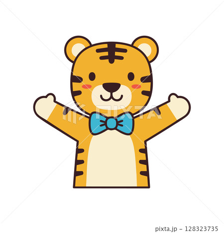 Cute tiger character with blue bow tie cartoon vector illustration for kids content Cute tiger character with blue bow tie cartoon vector illustration for kids content 128323735