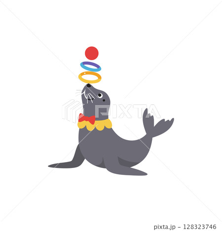 Seal balancing colorful rings and red ball in circus performance vector illustration 128323746