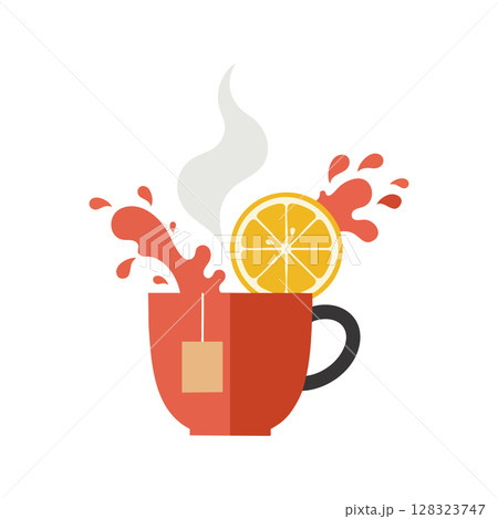 Hot tea cup with lemon slice and tea bag illustration in warm colors vector design 128323747