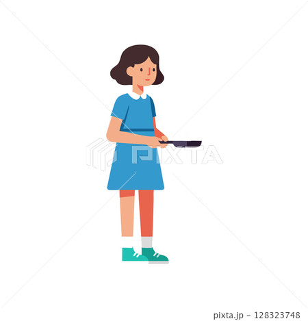 Girl holding frying pan wearing blue dress and green sneakers vector illustration Girl holding frying pan wearing blue dress and green sneakers vector illustration 128323748