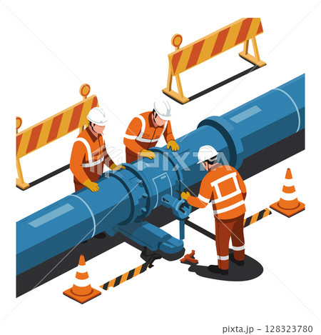 Workers repairing large industrial pipeline with safety barriers and cones in vector illustration 128323780