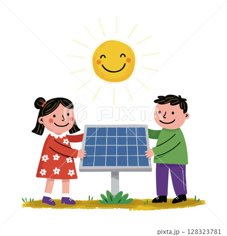 Children holding solar panel under smiling sun bright energy sustainability illustration 128323781