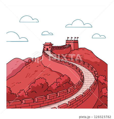 Great Wall of China red landscape illustration with winding path and towers vector Great Wall of China red landscape illustration with winding path and towers vector 128323782