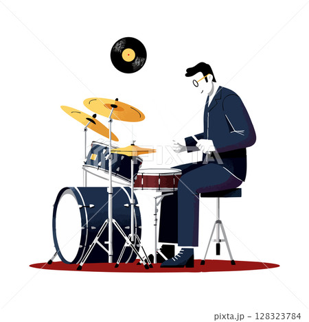 Male drummer playing drum set with vinyl record floating in minimal style vector illustration Male drummer playing drum set with vinyl record floating in minimal style vector illustration 128323784