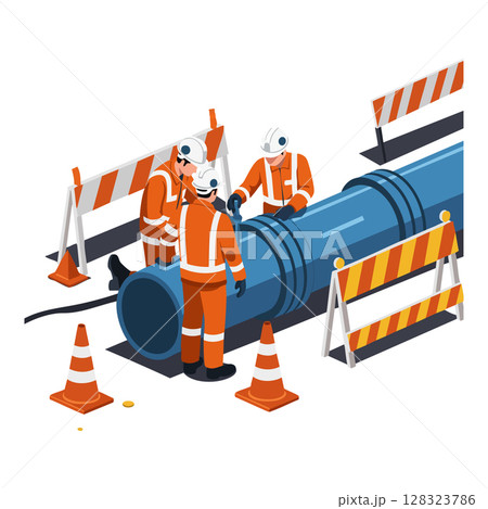 Construction workers repairing large blue pipeline with safety barriers and cones vector illustration 128323786