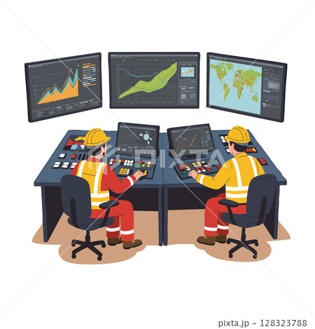 Industrial Control Room Operators Monitoring Data and Charts on Screens Vector Illustration Industrial Control Room Operators Monitoring Data and Charts on Screens Vector Illustration 128323788