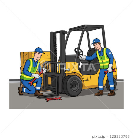 Forklift Maintenance Workers Repairing Industrial Vehicle in Safety Gear Vector Illustration 128323795