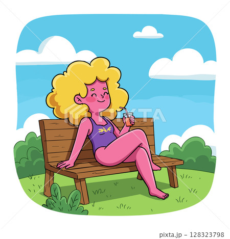 Woman Relaxing on Park Bench Drinking Juice in Sunny Day Outdoors Vector Illustration Woman Relaxing on Park Bench Drinking Juice in Sunny Day Outdoors Vector Illustration 128323798