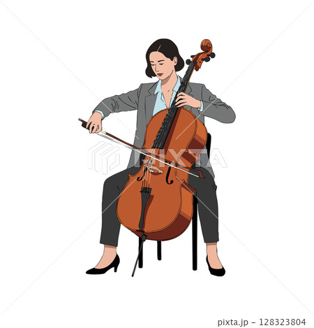 Woman playing cello musical instrument in seated posture vector illustration Woman playing cello musical instrument in seated posture vector illustration 128323804