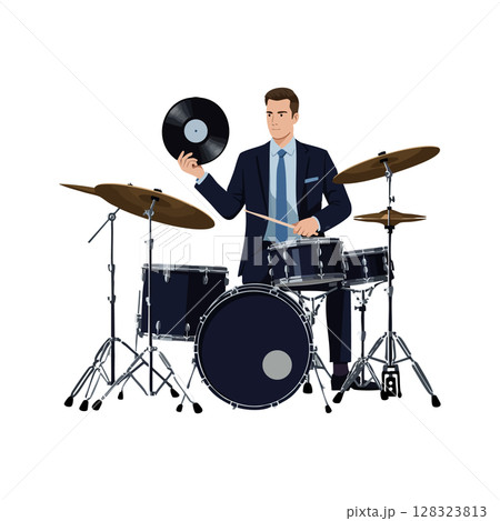 Man in suit holding vinyl record near black drum set vector illustration Man in suit holding vinyl record near black drum set vector illustration 128323813