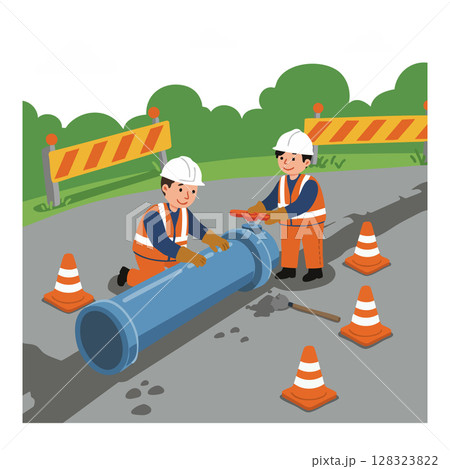 Construction workers installing large blue pipeline on road with safety cones and barriers vector illustration Construction workers installing large blue pipeline on road with safety cones and barriers vector illustration 128323822