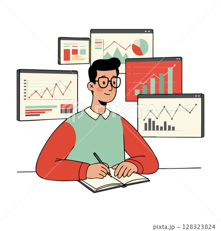 Businessman analyzing financial data charts and graphs in office environment vector illustration 128323824