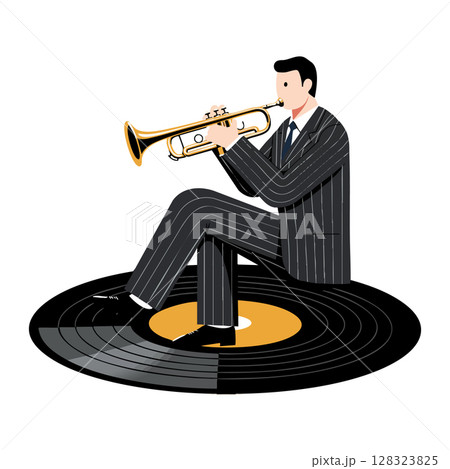 Man playing trumpet sitting on large vinyl record music concept vector illustration 128323825