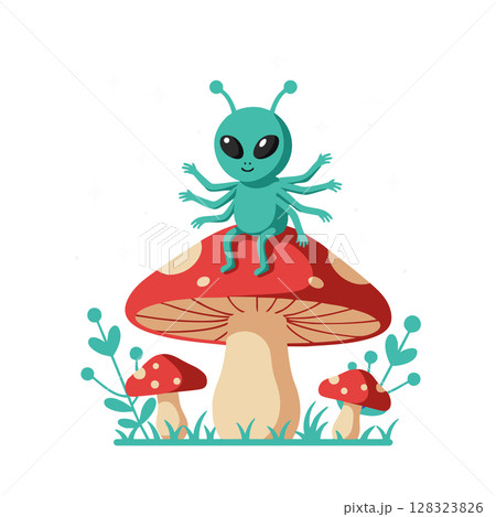 Cute green alien with six arms sitting on red mushroom vector illustration 128323826