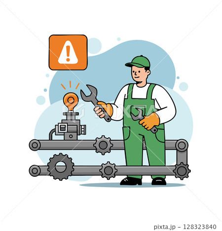 Industrial mechanic repairing conveyor belt machinery with warning alert symbol vector illustration Industrial mechanic repairing conveyor belt machinery with warning alert symbol vector illustration 128323840