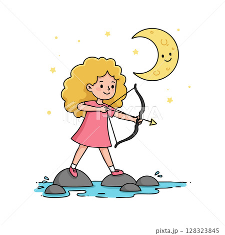 Girl with curly hair shooting arrow at smiling crescent moon under stars vector illustration Girl with curly hair shooting arrow at smiling crescent moon under stars vector illustration 128323845
