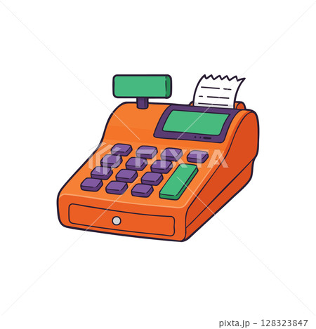 Retro orange cash register with green buttons and receipt vector illustration 128323847