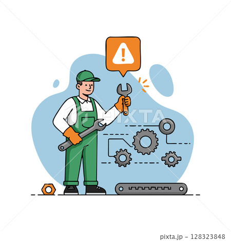 Mechanic technician fixing gears with wrench and alert sign in workshop vector illustration 128323848
