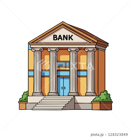 Bank building with classical columns entrance vector illustration in warm colors Bank building with classical columns entrance vector illustration in warm colors 128323849