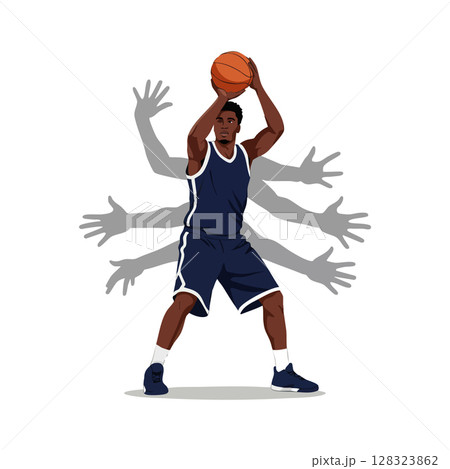 Basketball Player Shooting Ball with Multiple Motion Effect in Blue Jersey Vector Illustration Basketball Player Shooting Ball with Multiple Motion Effect in Blue Jersey Vector Illustration 128323862