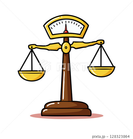 Vintage mechanical balance scale weighing device with golden pans vector illustration 128323864