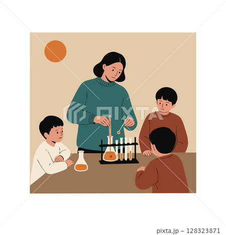 Woman teaching children science experiment with test tubes and flasks indoors vector illustration Woman teaching children science experiment with test tubes and flasks indoors vector illustration 128323871