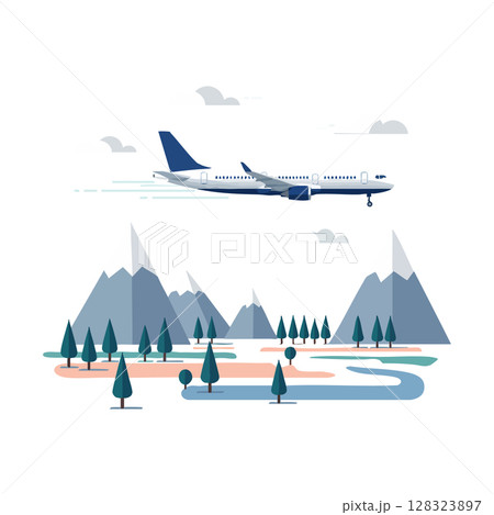 Airplane Flying Over Mountain Landscape with River and Trees Vector Illustration Airplane Flying Over Mountain Landscape with River and Trees Vector Illustration 128323897