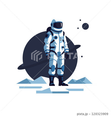 Space astronaut standing on icy terrain with dark planet and moons background vector illustration 128323909