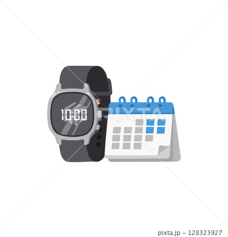 Digital smartwatch and blue desktop calendar illustration with date marking vector Digital smartwatch and blue desktop calendar illustration with date marking vector 128323927