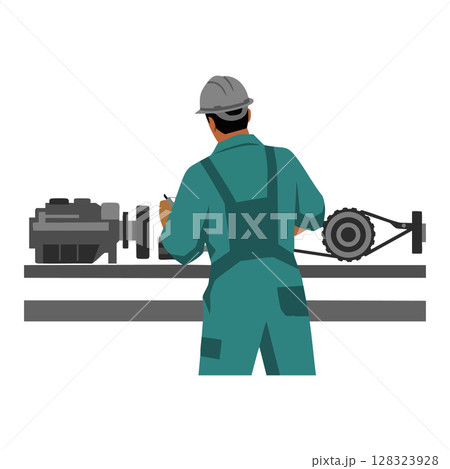 Man in helmet working with industrial machinery in teal uniform vector illustration 128323928