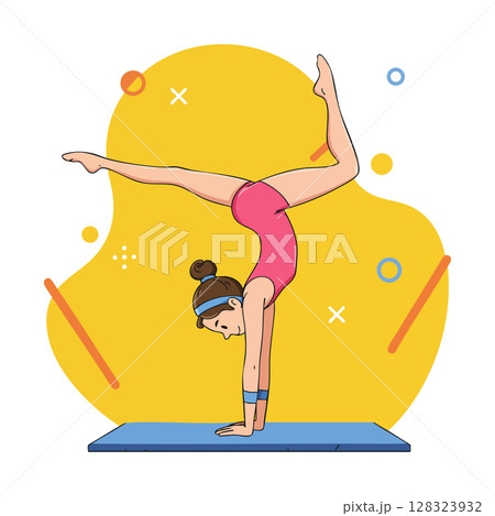 Woman doing handstand yoga pose on mat with yellow background vector illustration 128323932