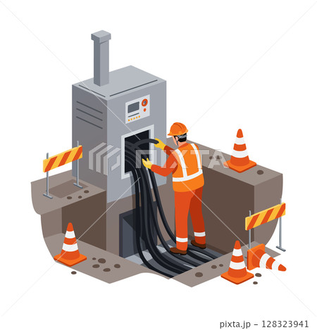 Worker Installing Underground Electrical Cables in Construction Site with Safety Gear and Barriers VECTOR 128323941