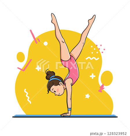 Girl Performing Handstand Gymnastics Pink Leotard Yellow Background Vector Illustration 128323952