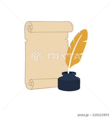 Vintage parchment scroll with feather quill and ink pot writing instruments vector illustration Vintage parchment scroll with feather quill and ink pot writing instruments vector illustration 128323955
