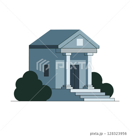 Small classical building with columns and stairs surrounded by bushes vector illustration 128323956