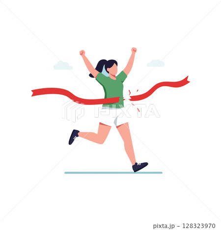 Woman crossing finish line running race victorious celebration vector illustration 128323970