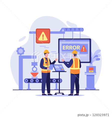 Factory workers managing machine error alert on industrial production line vector illustration Factory workers managing machine error alert on industrial production line vector illustration 128323971