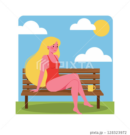 Woman relaxing on park bench enjoying sunny day with coffee cup and clear sky vector illustration Woman relaxing on park bench enjoying sunny day with coffee cup and clear sky vector illustration 128323972