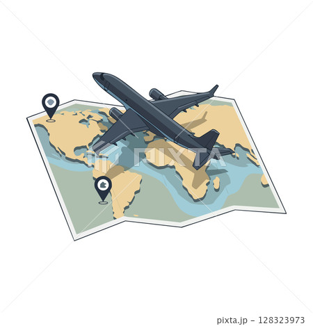 Airplane flying over world map with location pins for travel planning vector illustration Airplane flying over world map with location pins for travel planning vector illustration 128323973