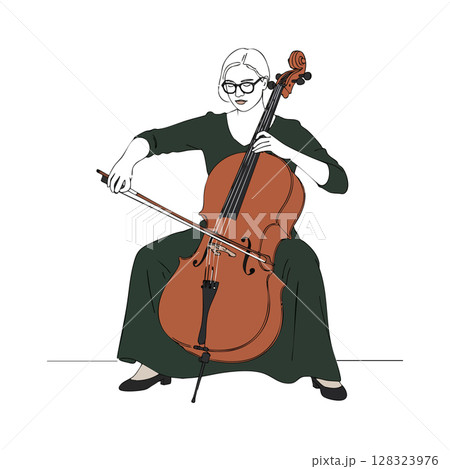 Woman playing cello in dark green dress with glasses seated and focused vector illustration 128323976
